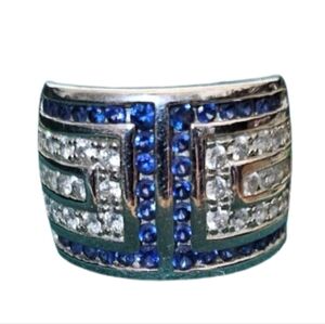 📣 Absolute CZ & Sapphires 925 Silver Wide Band Ring Size 7 - 7 5 See Sizer Pic